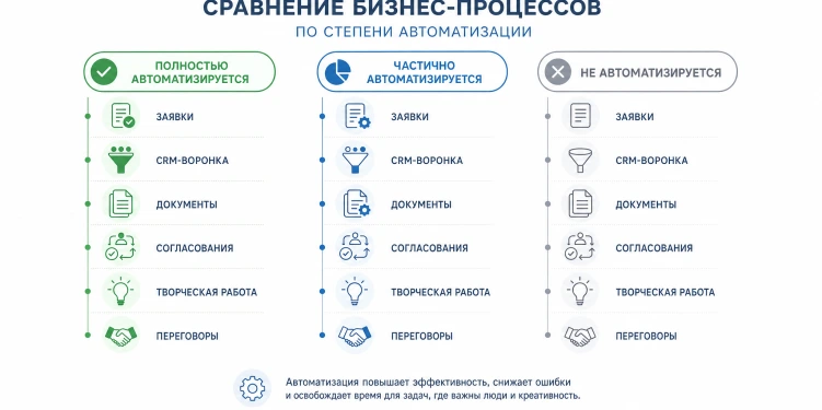 Сравнение бизнес-процессов по степени автоматизации: полностью, частично, не автоматизируется