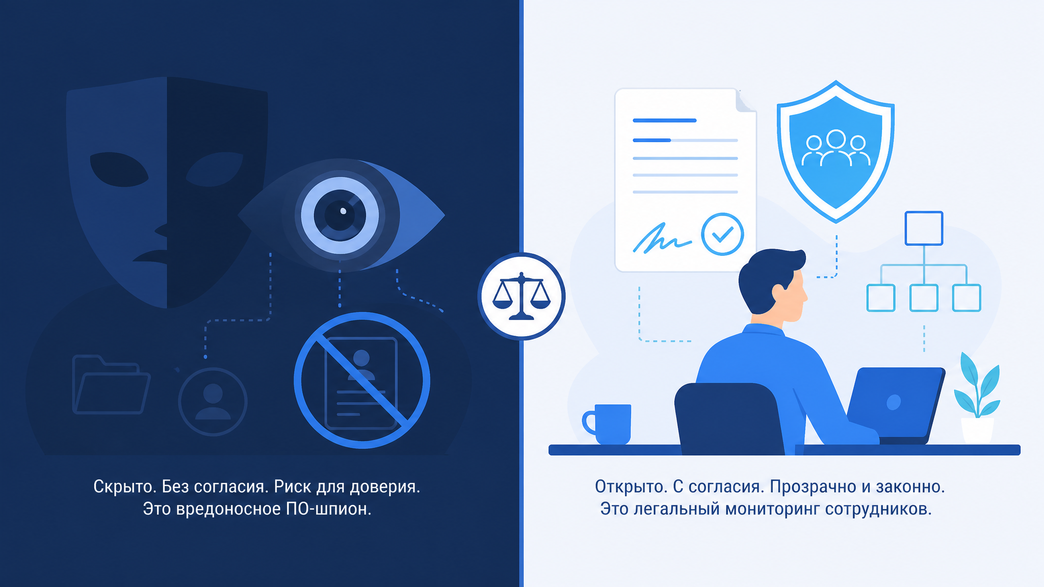 Сравнение программы-шпиона и легального мониторинга сотрудников с письменным согласием